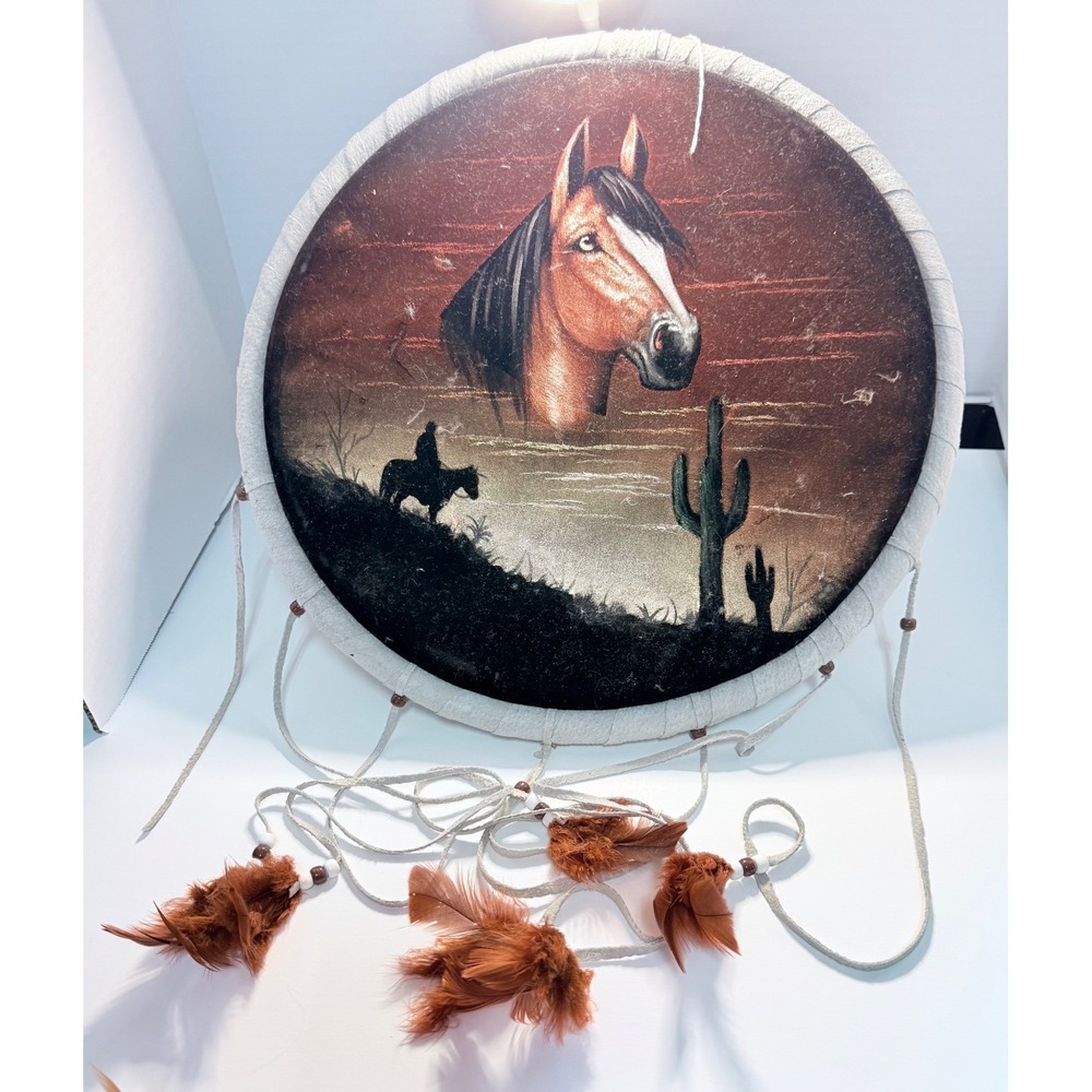 Vintage Southwestern Horse Dreamcatcher Hand Painted Velvet Wall Hanging 15.5"